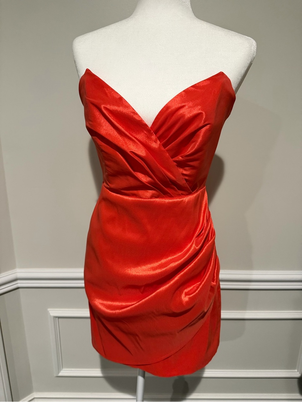 Lee Strapless Red Satin Mini with Draped Twist Front